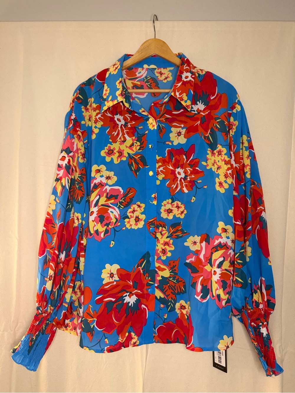 Vibrant Blue Floral Button-Front Women's Blouse